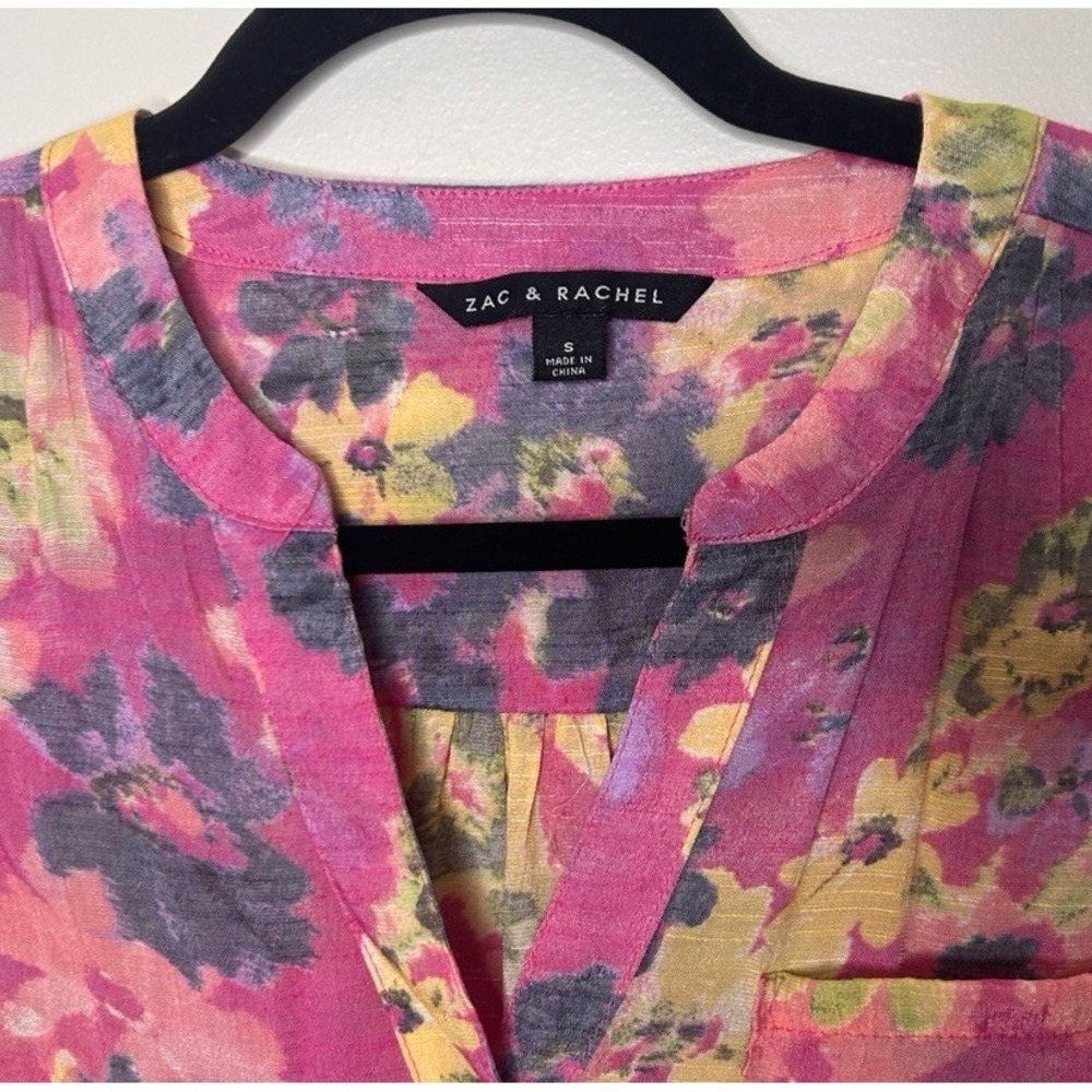 Zac & Rachel Womens Pink Floral Roll Tab Sleeve Button Up Blouse Gauze Top Small - Picture 3 of 8